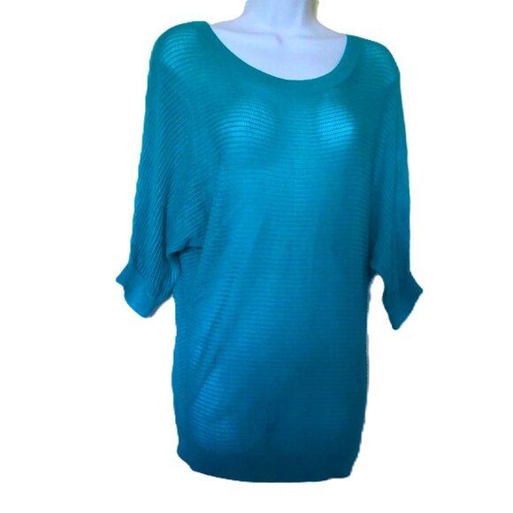 New Express Blue Top Tunic Stretch Loose Knit Sweater Short Sleeve NWOT Sz S - Picture 1 of 5